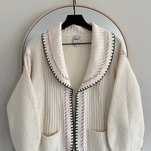 Anthropologie Maeve Collared Whipstitch Open Cardigan Sweater Ivory - Picture 3 of 7